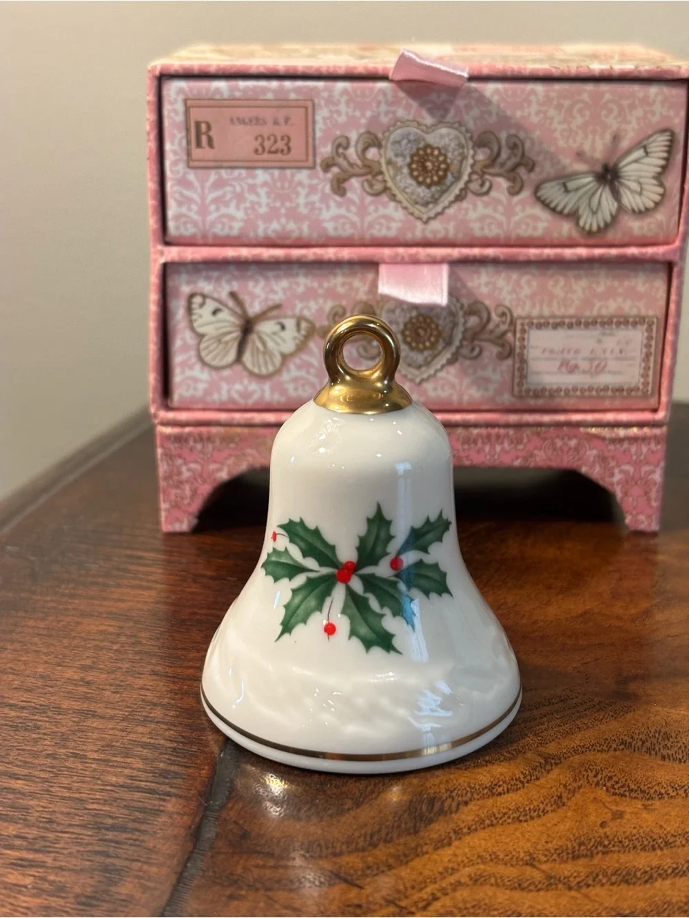 Lenox Holiday Porcelain Bell Ornament with Green Holly and Red Berries